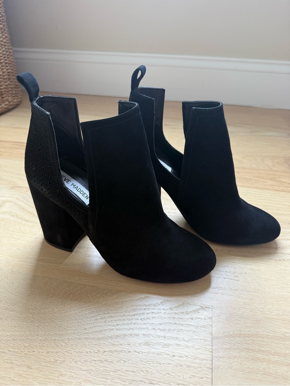 Steve Madden Black Suede Cutout Block Heel Ankle Boots